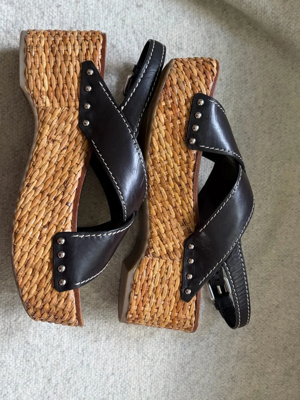 Prada Black Leather Wedge Sandals with Woven Platform and Silver Studs